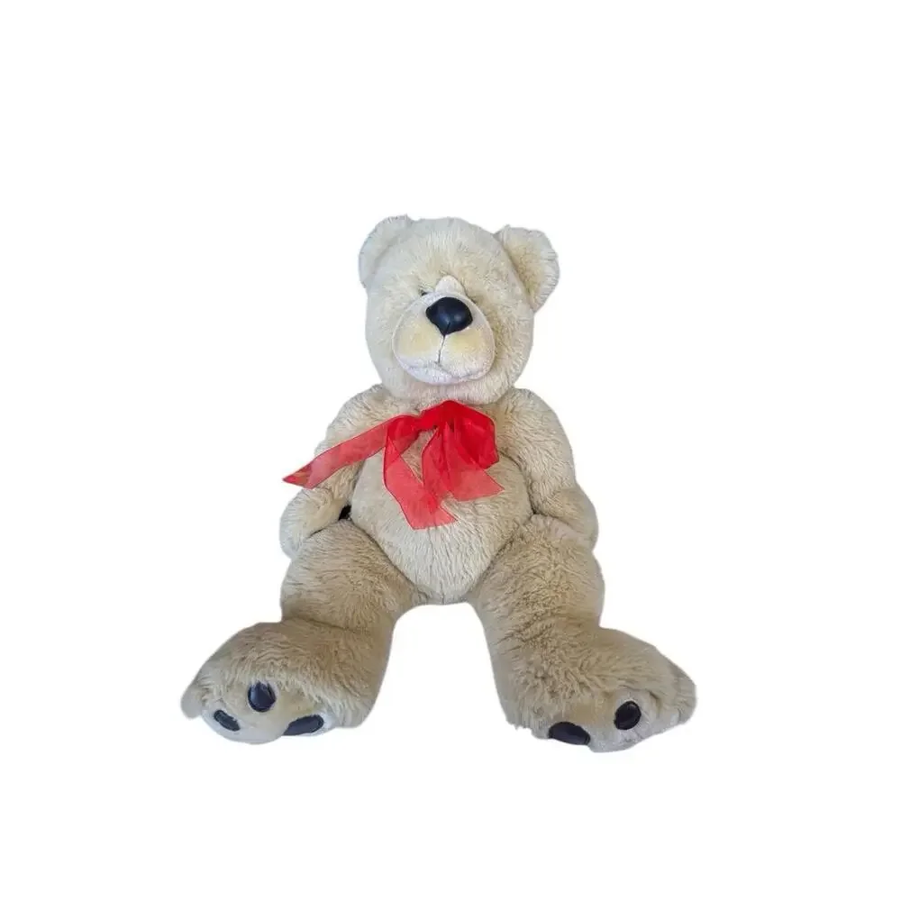Large Tan Plush Teddy Bear w/ Red Bow ~ 28” Soft‎ Stuffed Animal Toy